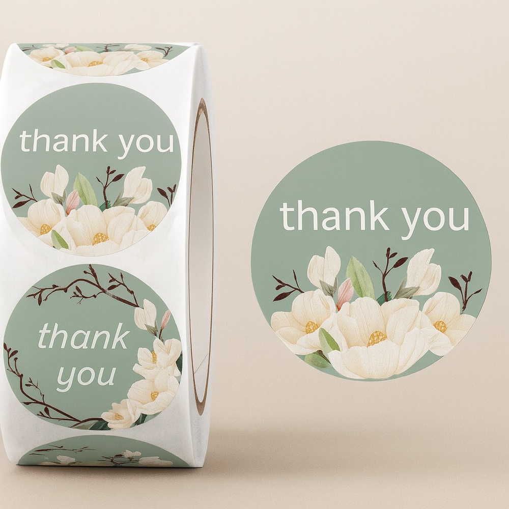Thank You Stickers, 1" Round Frames Thank You Stickers Roll 8Floral packaging - Picture 1 of 2